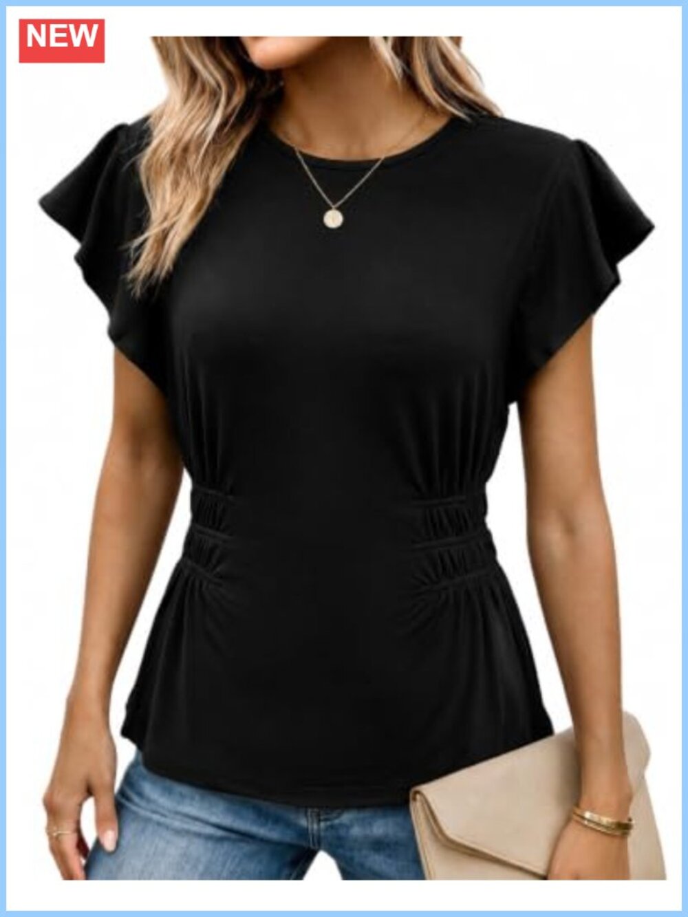 Women Ruffle Short Sleeve Blouse Smocked Crew Neck Summer Top